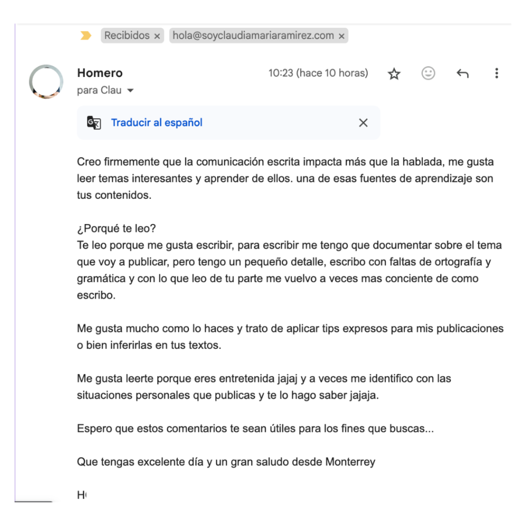 Testimonio de la newsletter de Claudia María Ramírez